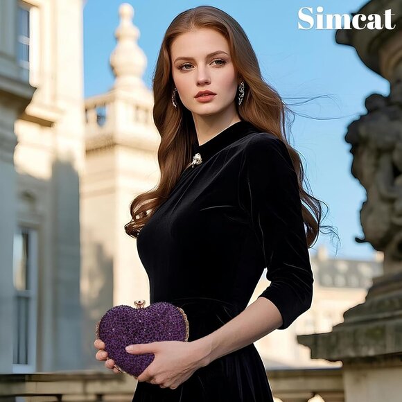 ⚡  Women's Cute Heart Shape Rhinestone Evening Wedding Purple Clutch Handbag - Picture 5 of 6